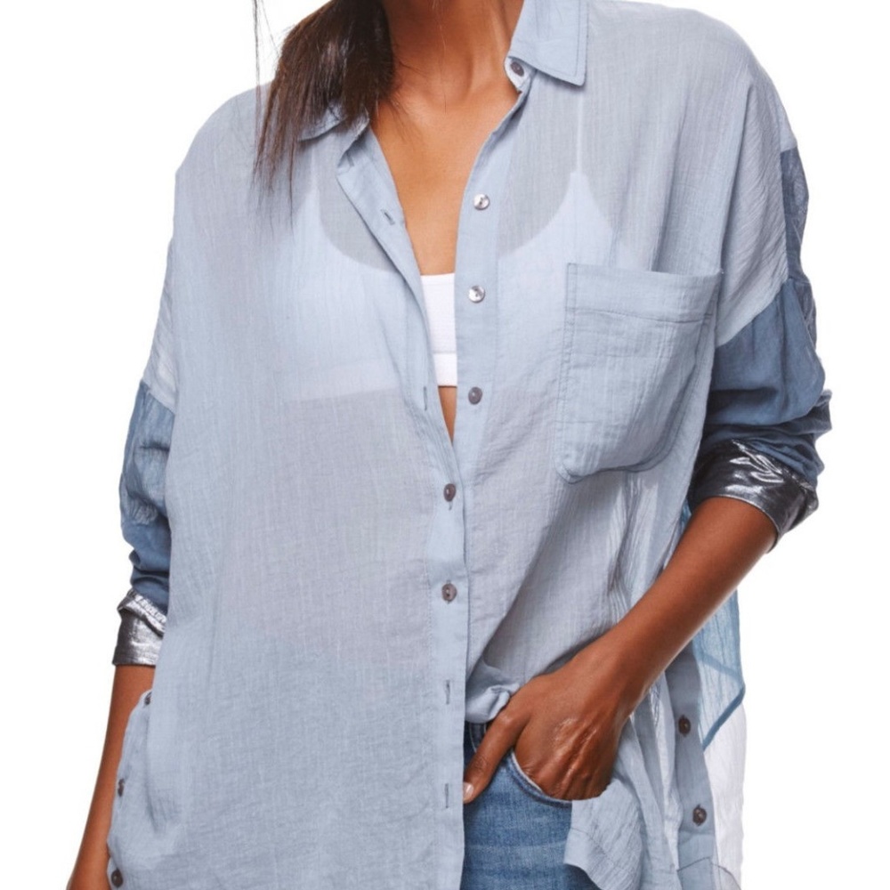 Free People Sheer Tie-Front Cotton Shirt Blue Comb